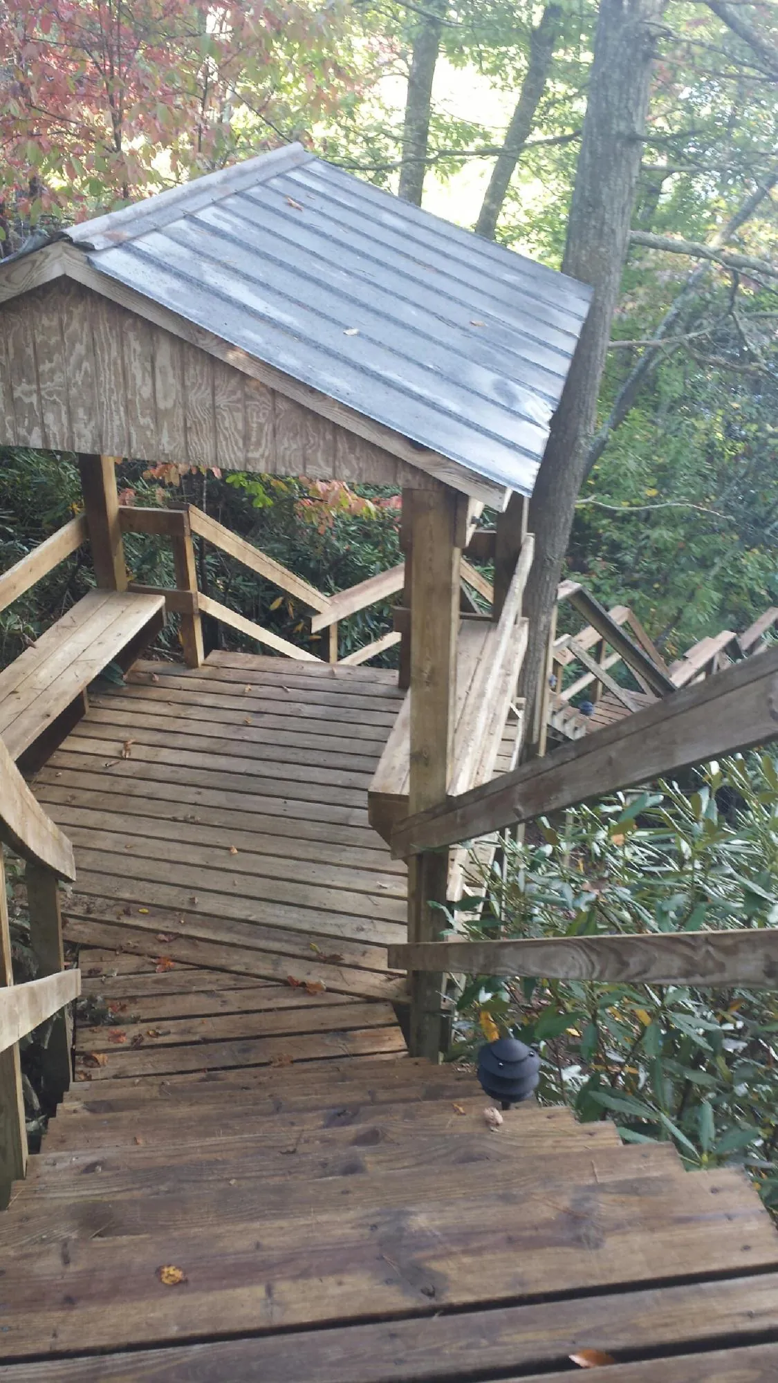 Metal roofed shelter over wooden steps on a wooded walkway — Skylight Repair & Installation work by our crew in Clay